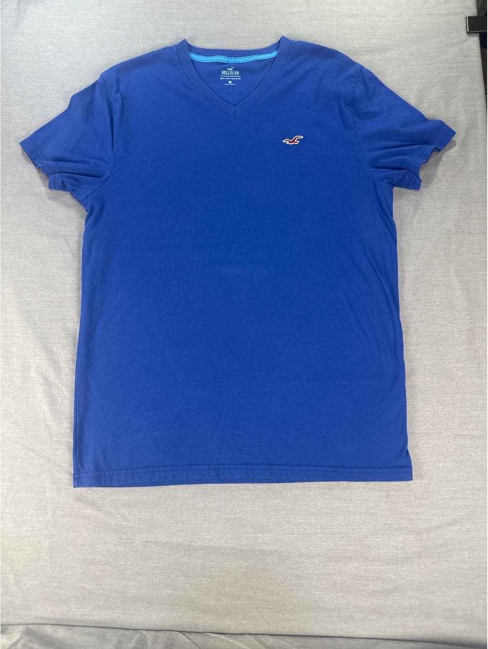 Hollister Men's Medium Blue V-Neck T-Shirt with Signature Seagull Logo - Classic